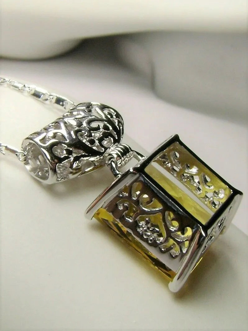 Citrine Pendant, Yellow Square Gem, Sterling Silver Art Deco Jewelry #P45