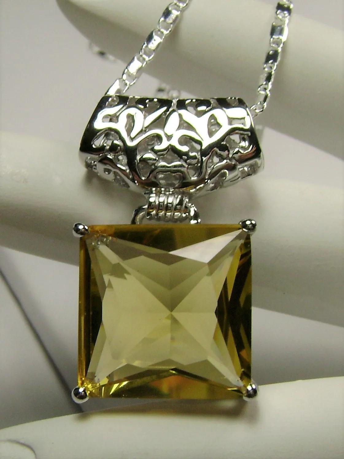 Citrine Pendant, Yellow Square Gem, Sterling Silver Art Deco Jewelry #P45
