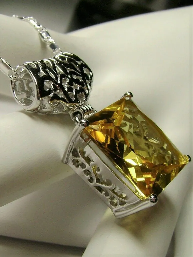 Citrine Pendant, Yellow Square Gem, Sterling Silver Art Deco Jewelry #P45