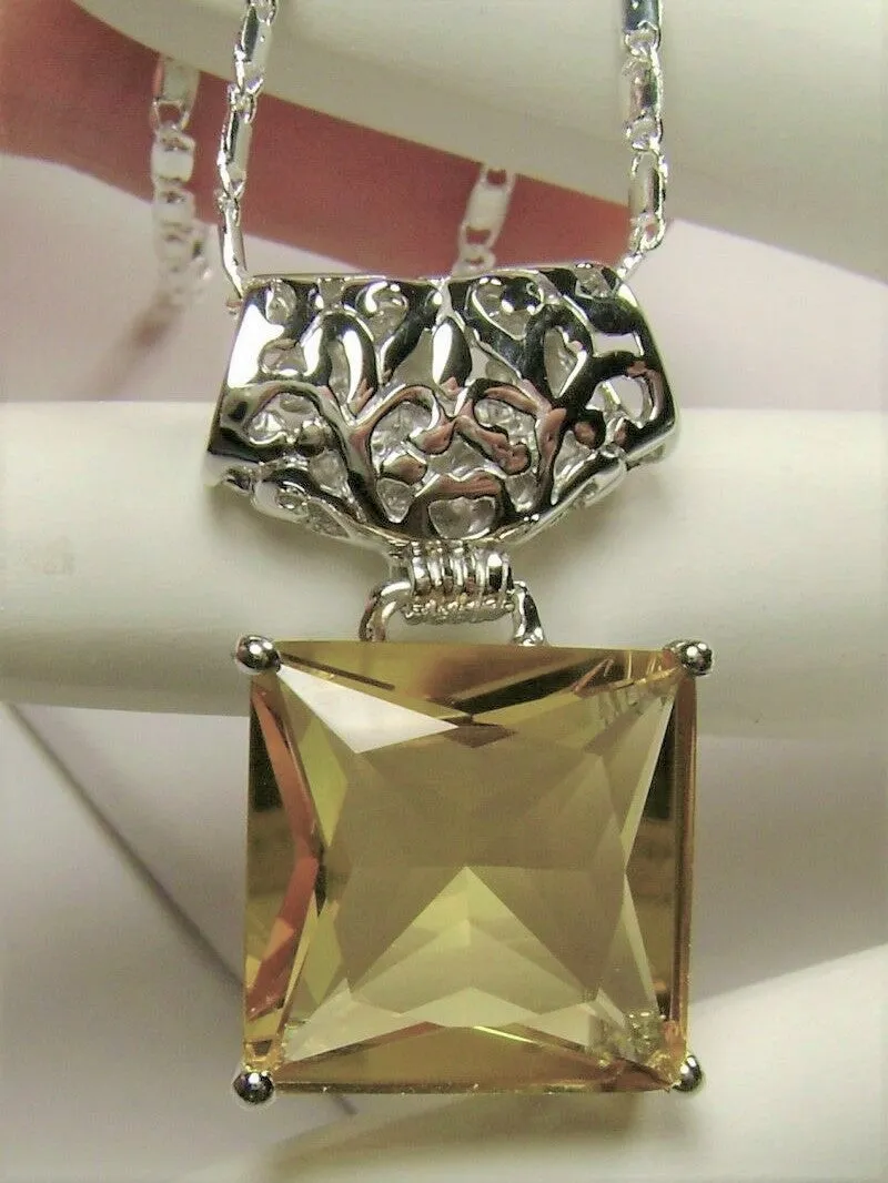 Citrine Pendant, Yellow Square Gem, Sterling Silver Art Deco Jewelry #P45
