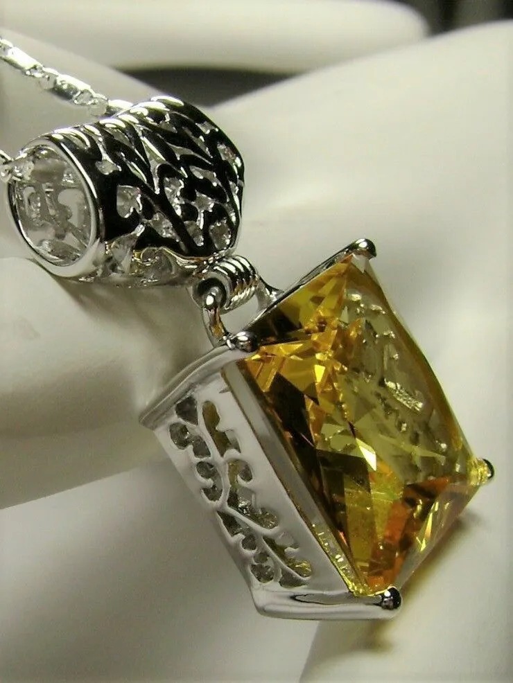Citrine Pendant, Yellow Square Gem, Sterling Silver Art Deco Jewelry #P45