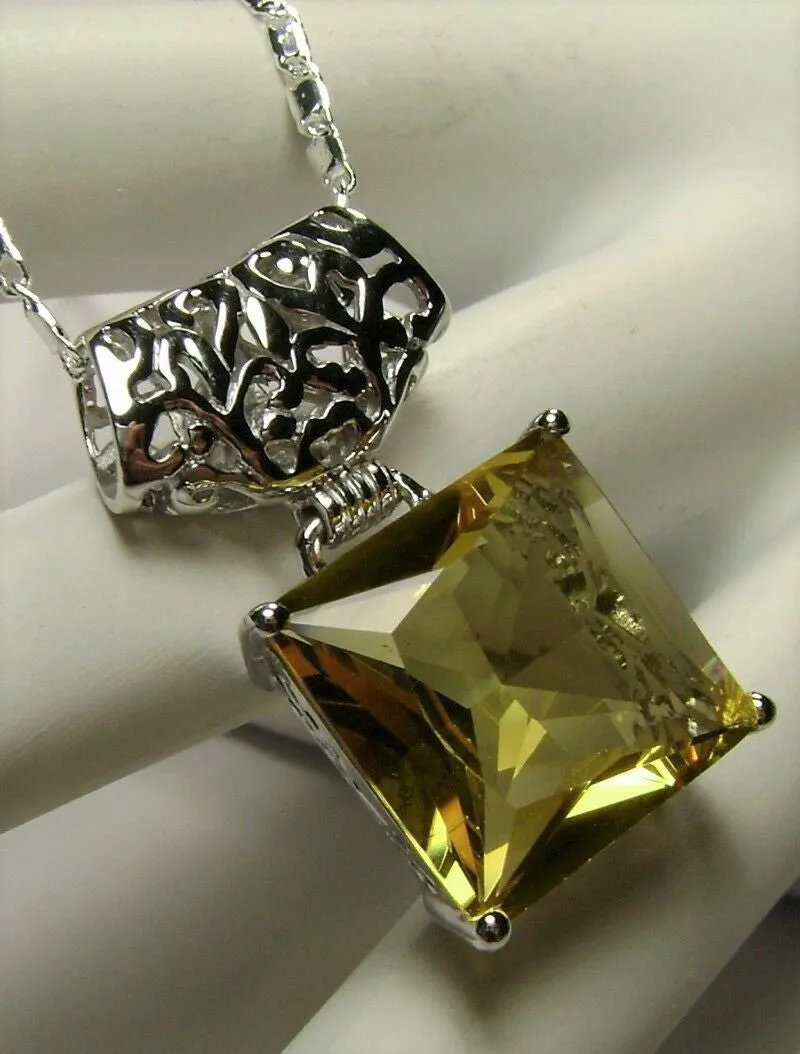 Citrine Pendant, Yellow Square Gem, Sterling Silver Art Deco Jewelry #P45