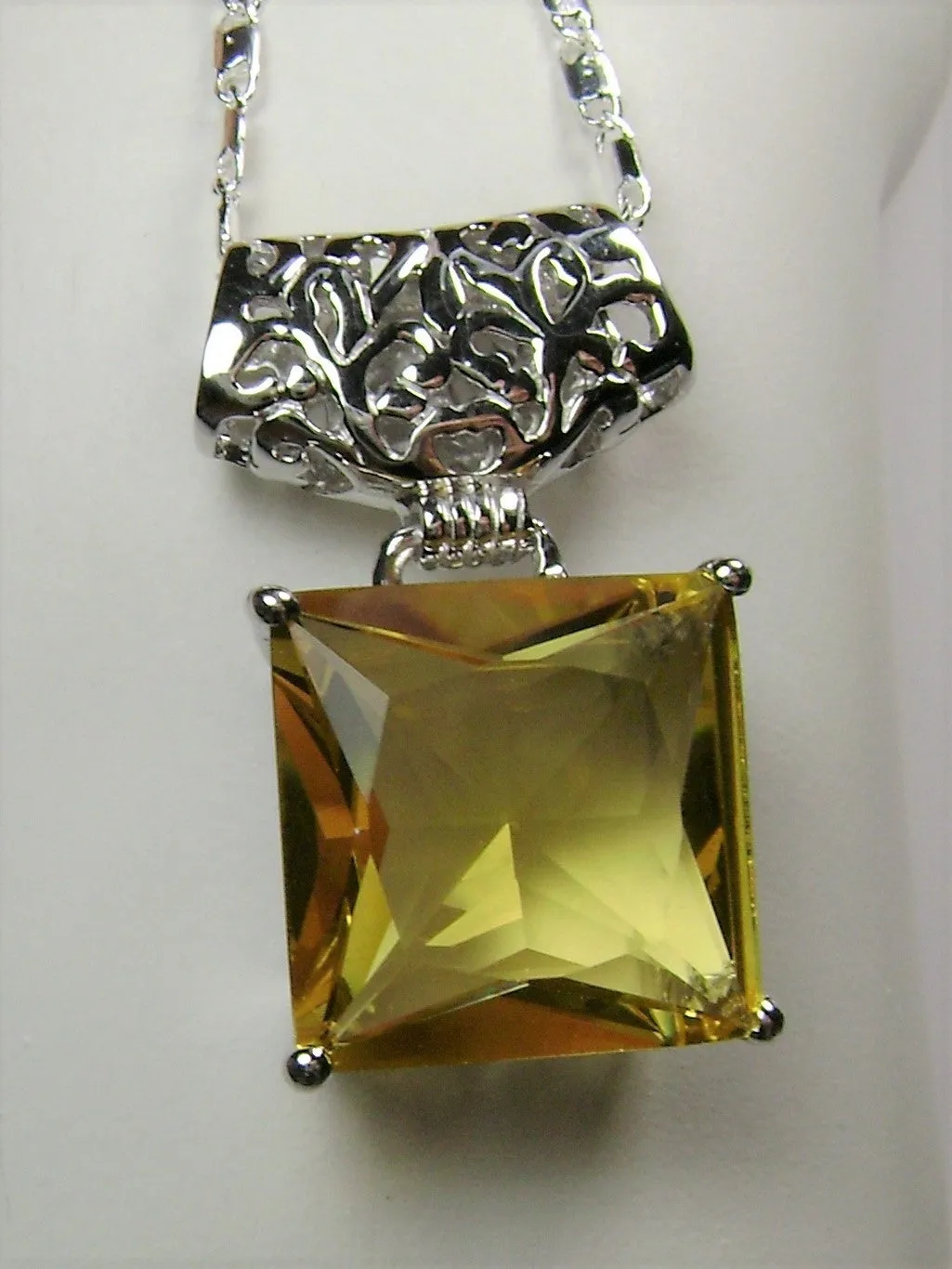 Citrine Pendant, Yellow Square Gem, Sterling Silver Art Deco Jewelry #P45