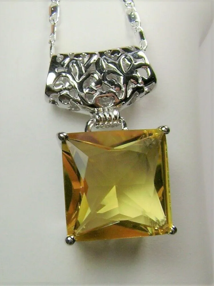 Citrine Pendant, Yellow Square Gem, Sterling Silver Art Deco Jewelry #P45