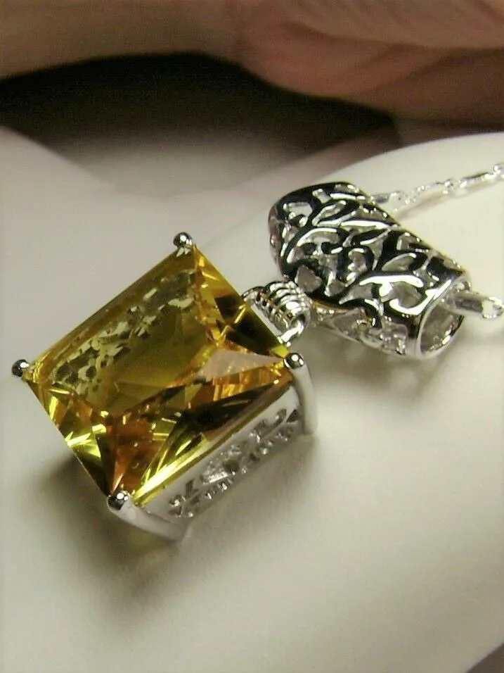 Citrine Pendant, Yellow Square Gem, Sterling Silver Art Deco Jewelry #P45