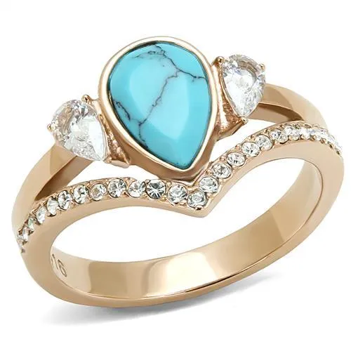 CJ3200 Wholesale Women's Stainless Steel IP Rose Gold Synthetic Turquoise Minimal Ring