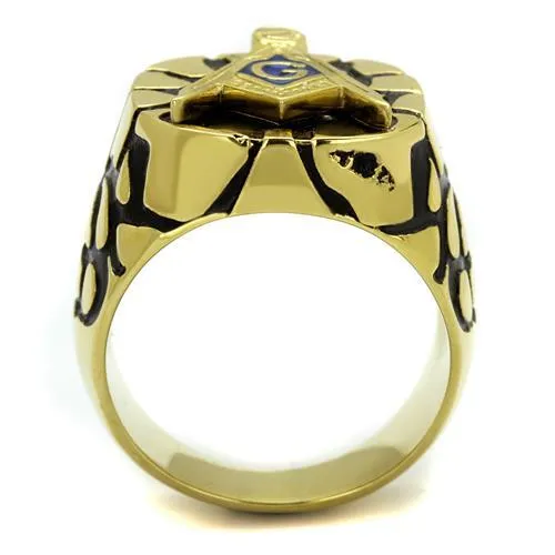 CJE2372 Wholesale Women's Stainless Steel IP Gold Epoxy Capri Blue Masonic Ring