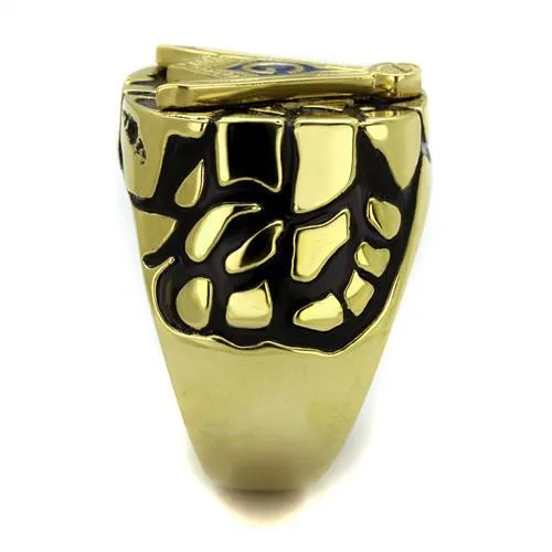 CJE2372 Wholesale Women's Stainless Steel IP Gold Epoxy Capri Blue Masonic Ring