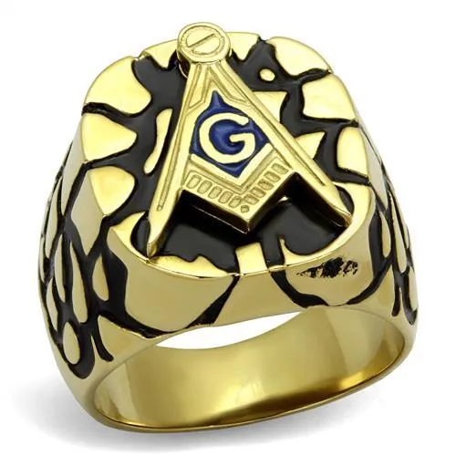 CJE2372 Wholesale Women's Stainless Steel IP Gold Epoxy Capri Blue Masonic Ring