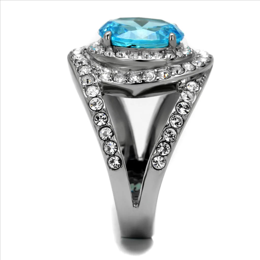 CJE2900 Stainless Steel Synthetic Sea Blue Glass Cocktail Ring