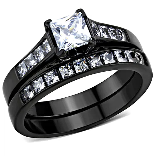 CJE3555 Wholesale Women's Stainless Steel IP Black AAA Grade CZ Clear Ring Set
