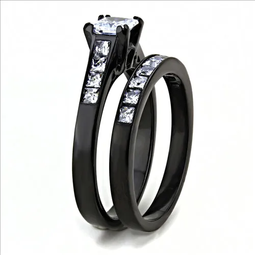 CJE3555 Wholesale Women's Stainless Steel IP Black AAA Grade CZ Clear Ring Set
