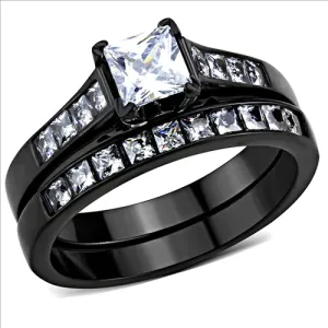 CJE3555 Wholesale Women's Stainless Steel IP Black AAA Grade CZ Clear Ring Set