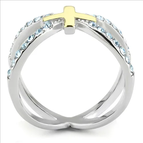 CJE3636 Wholesale Women's Stainless Steel Two-Tone IP Gold Top Grade Crystal Sea Blue Cross Ring