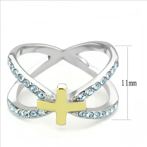 CJE3636 Wholesale Women's Stainless Steel Two-Tone IP Gold Top Grade Crystal Sea Blue Cross Ring