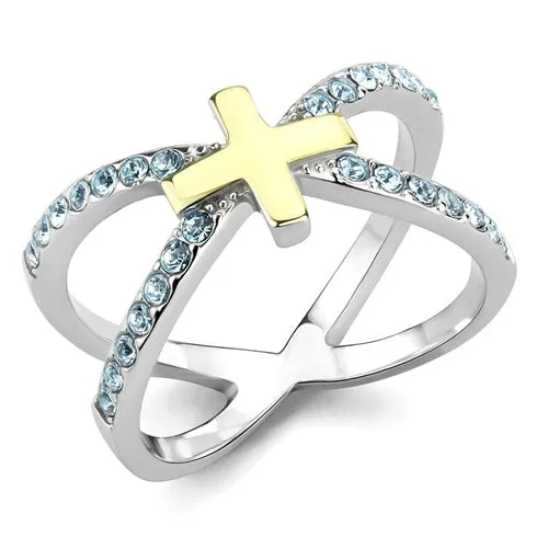 CJE3636 Wholesale Women's Stainless Steel Two-Tone IP Gold Top Grade Crystal Sea Blue Cross Ring