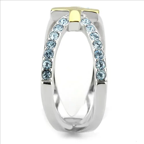 CJE3636 Wholesale Women's Stainless Steel Two-Tone IP Gold Top Grade Crystal Sea Blue Cross Ring