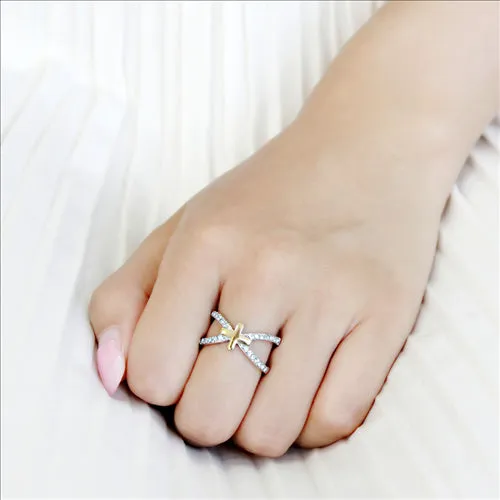 CJE3636 Wholesale Women's Stainless Steel Two-Tone IP Gold Top Grade Crystal Sea Blue Cross Ring