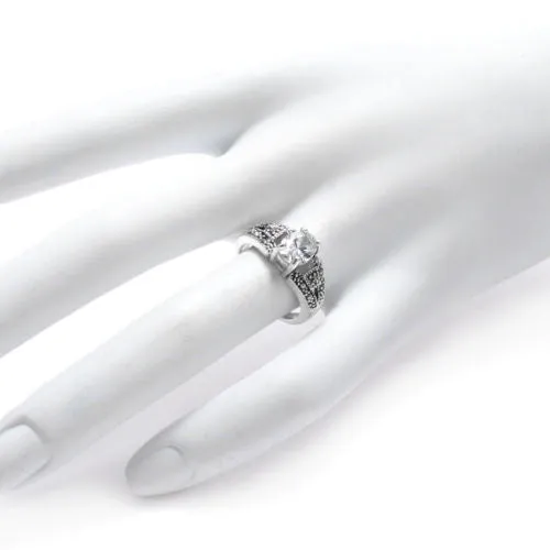 Classic Marcasite Ring with Clear Oval CZ Center Stone in Sterling Silver.