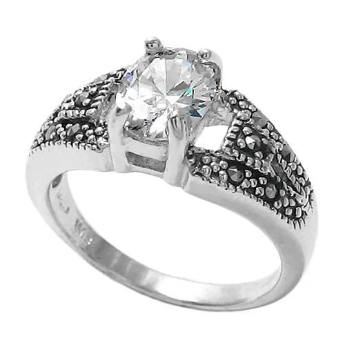 Classic Marcasite Ring with Clear Oval CZ Center Stone in Sterling Silver.