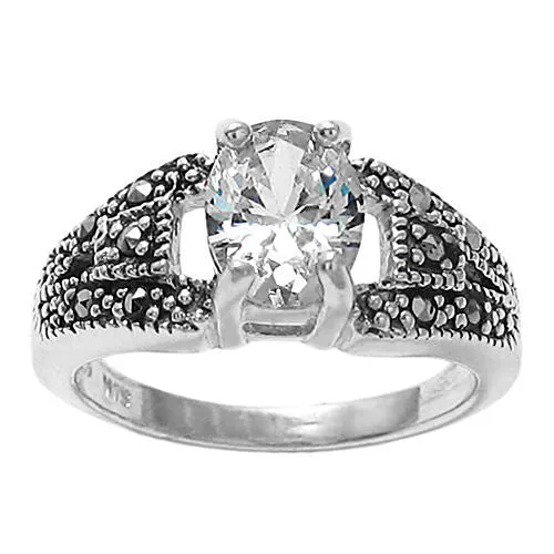Classic Marcasite Ring with Clear Oval CZ Center Stone in Sterling Silver.