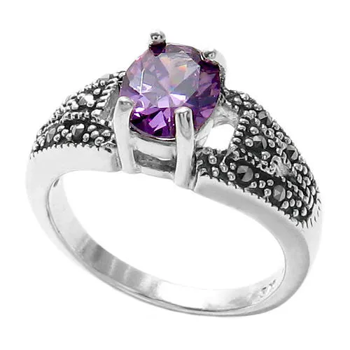 Classic Marcasite Ring with Purple Oval CZ Center Stone in Sterling Silver.
