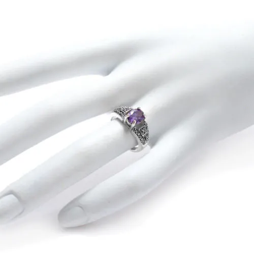 Classic Marcasite Ring with Purple Oval CZ Center Stone in Sterling Silver.
