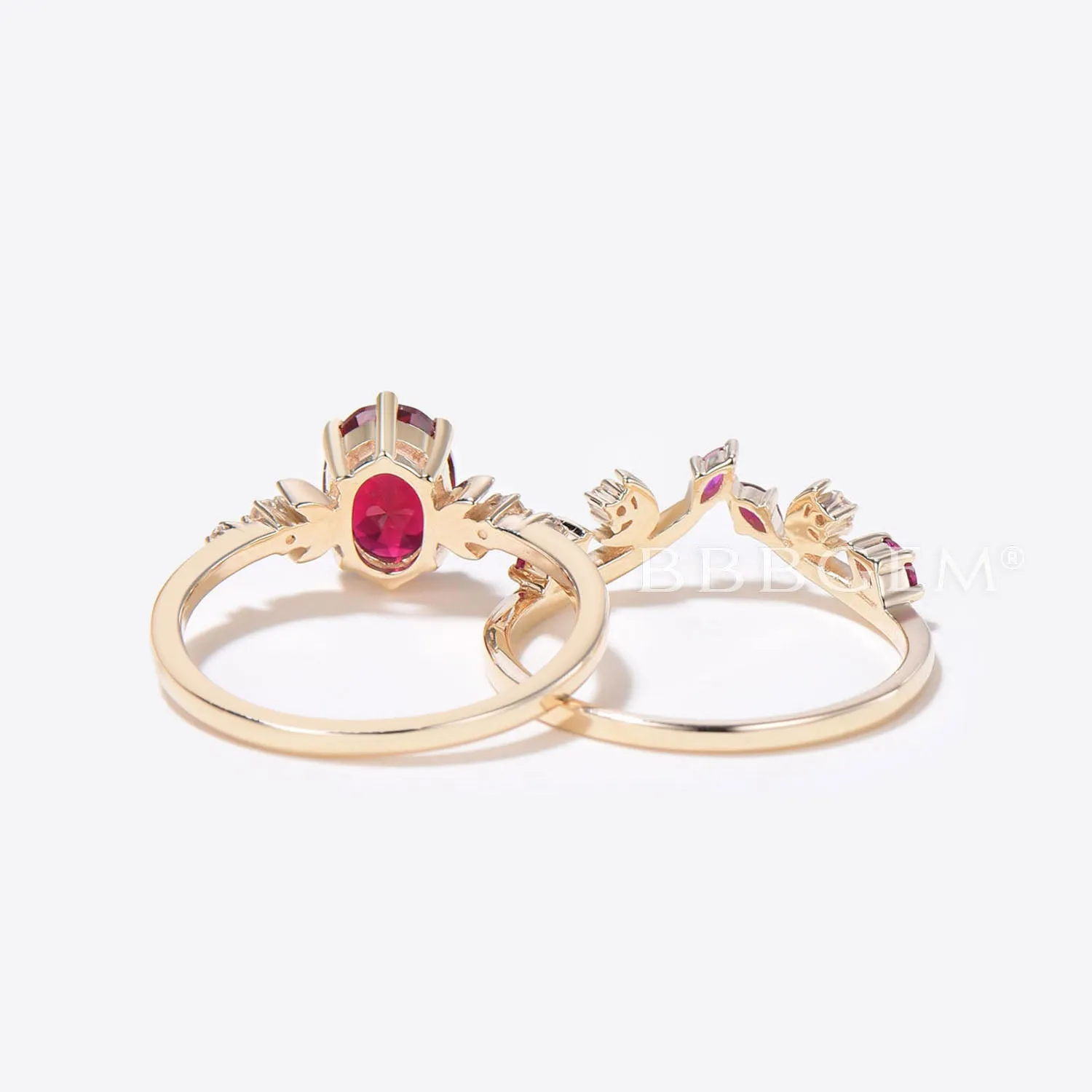 Crescent Moon Ruby Ring Oval Cut Red Ruby Engagement Ring Set