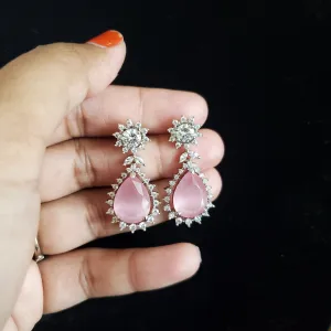 Cubic Zirconia Short Earring With Rhodium Plating Pink