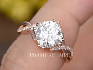 Cushion Moissanite Engagement Ring Art Deco unique split shank engagement band Rose Gold Diamond Wedding Ring for women Annniversary Gift