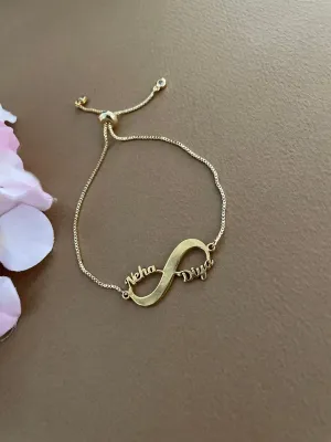 Custom 2 Name Infinity Gold Plated Pendant in Adjustable Bracelet