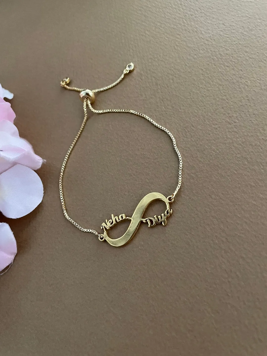 Custom 2 Name Infinity Gold Plated Pendant in Adjustable Bracelet