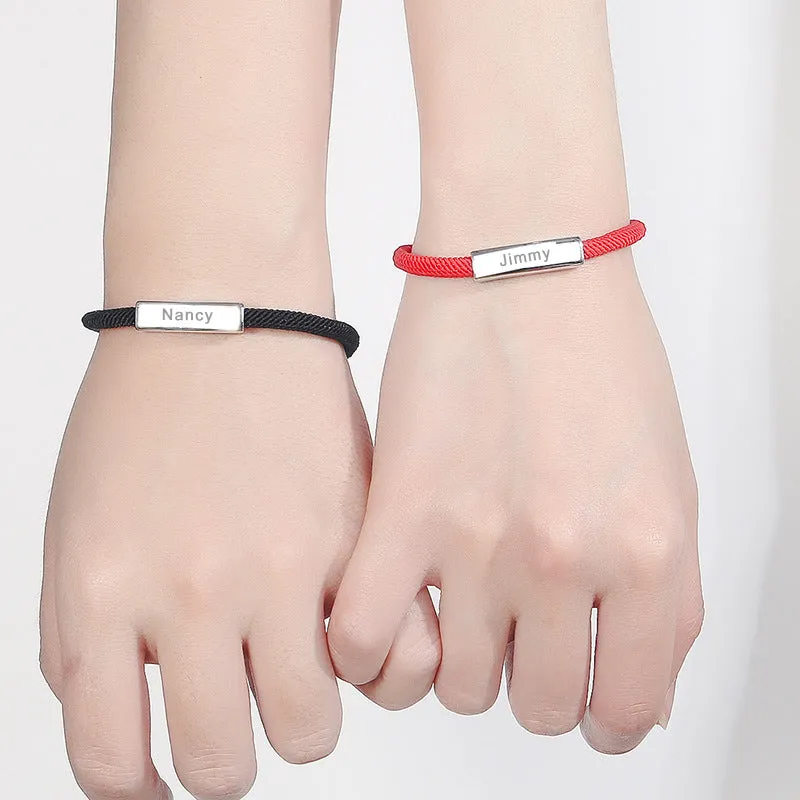 Custom Hand-Woven Couple Bracelets Personalized Black & Red Rope Engraved Ornaments