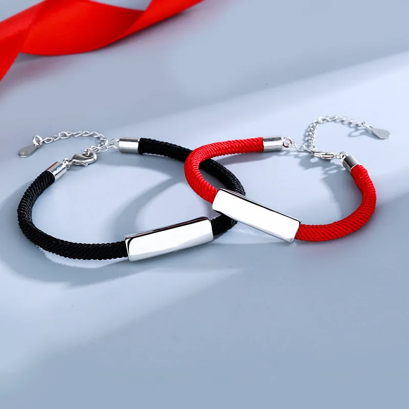 Custom Hand-Woven Couple Bracelets Personalized Black & Red Rope Engraved Ornaments
