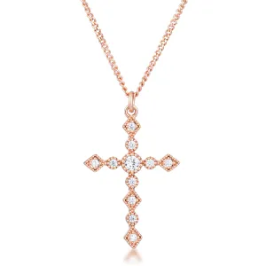 Dainty Art Deco Rose Gold Plated Clear CZ Cross Pendant