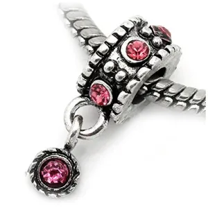 Dangle Bead w/ Pink  Rhinestones October Birthstone  s European Bead Compatible for Most European Snake Chain Bracelet