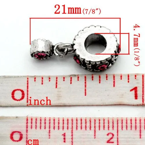 Dangle Bead w/ Pink  Rhinestones October Birthstone  s European Bead Compatible for Most European Snake Chain Bracelet