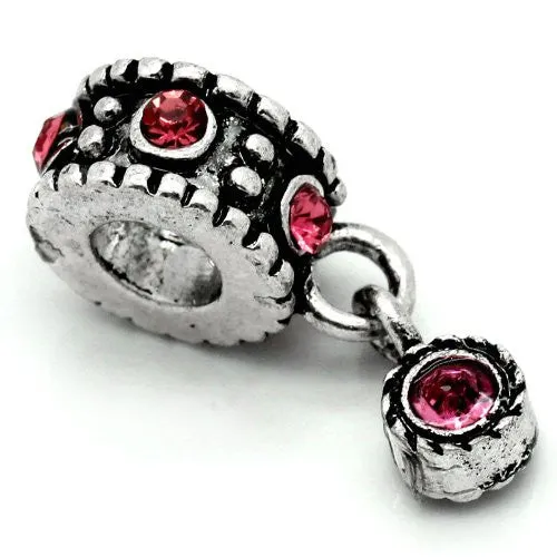 Dangle Bead w/ Pink  Rhinestones October Birthstone  s European Bead Compatible for Most European Snake Chain Bracelet