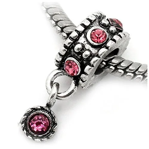 Dangle Bead w/ Pink  Rhinestones October Birthstone  s European Bead Compatible for Most European Snake Chain Bracelet