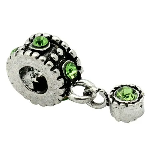 Dangle Bead W/green  Rhinestones August Birthstone European Bead Compatible for Most European Snake Chain Bracelet