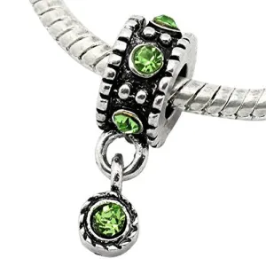 Dangle Bead W/green  Rhinestones August Birthstone European Bead Compatible for Most European Snake Chain Bracelet