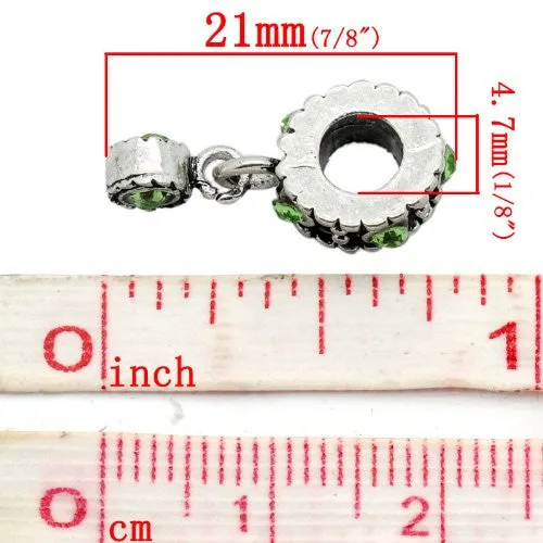 Dangle Bead W/green  Rhinestones August Birthstone European Bead Compatible for Most European Snake Chain Bracelet