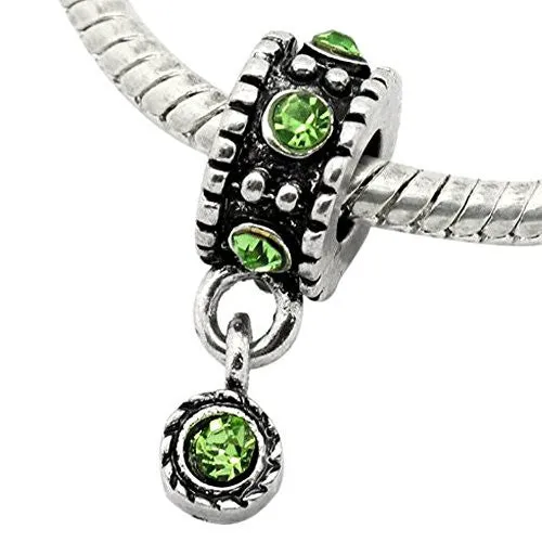 Dangle Bead W/green  Rhinestones August Birthstone European Bead Compatible for Most European Snake Chain Bracelet