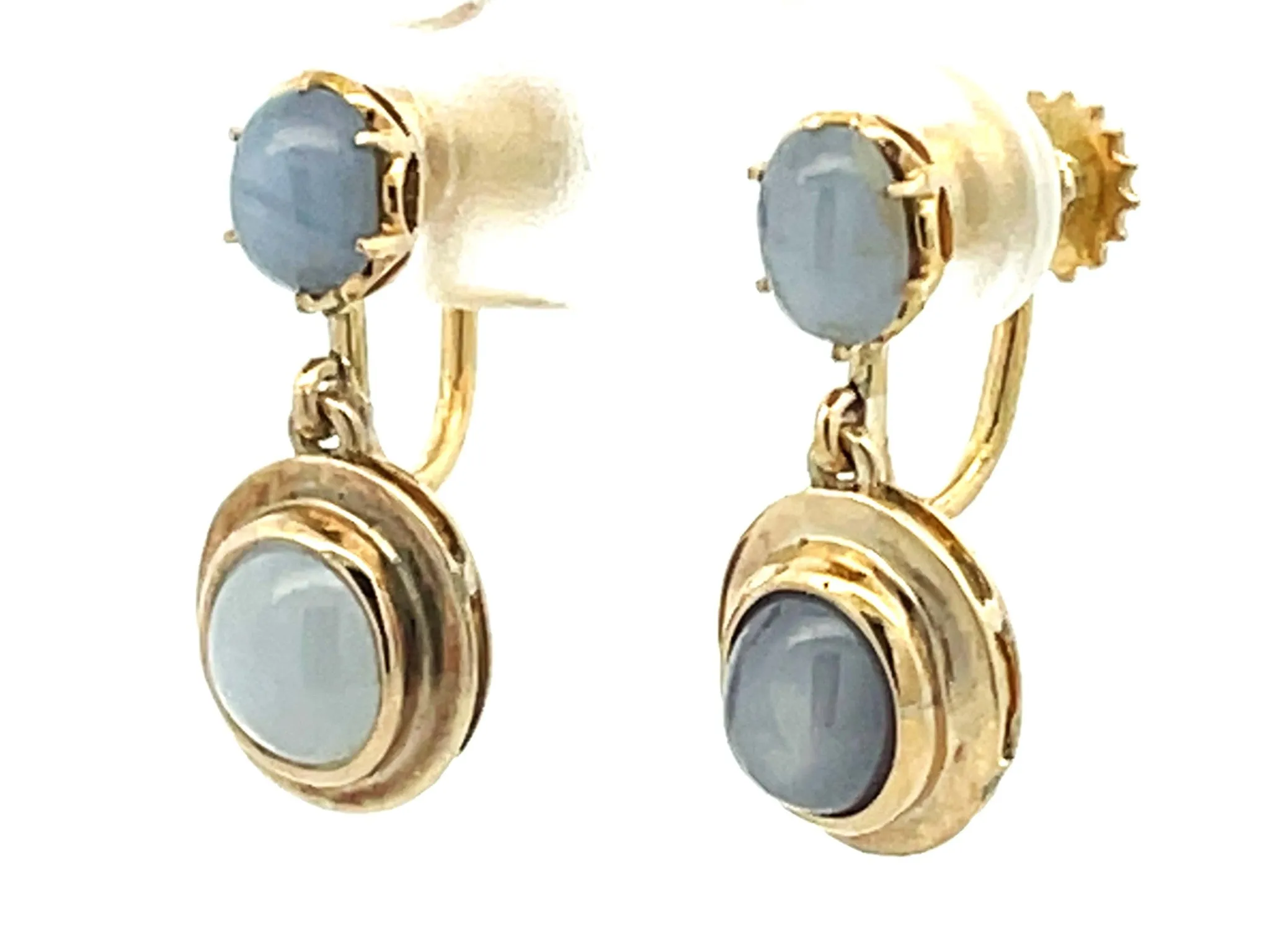 Dangly Star Sapphire Stud Drop Earrings 14k Yellow Gold
