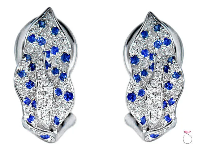 Diamond Sapphire Earrings Leaf Shape 1.02ctw in 14K