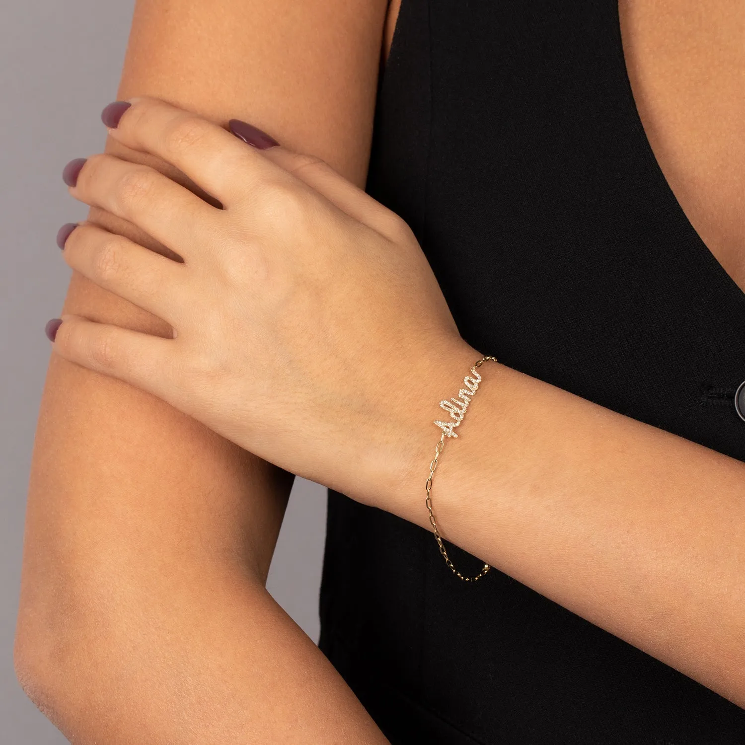 Diamond Script Name Paperclip Bracelet 14K