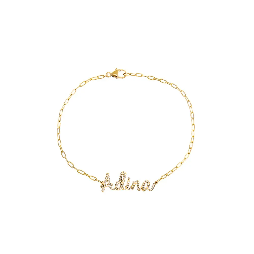 Diamond Script Name Paperclip Bracelet 14K