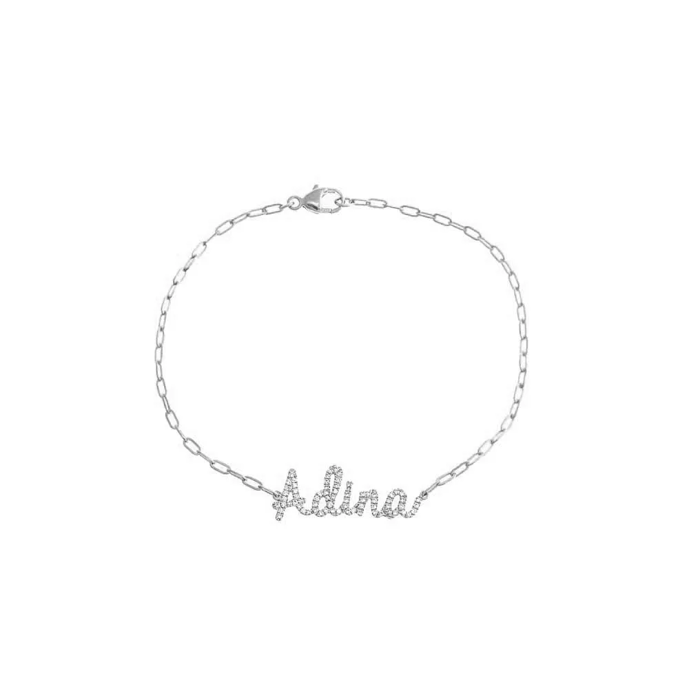 Diamond Script Name Paperclip Bracelet 14K
