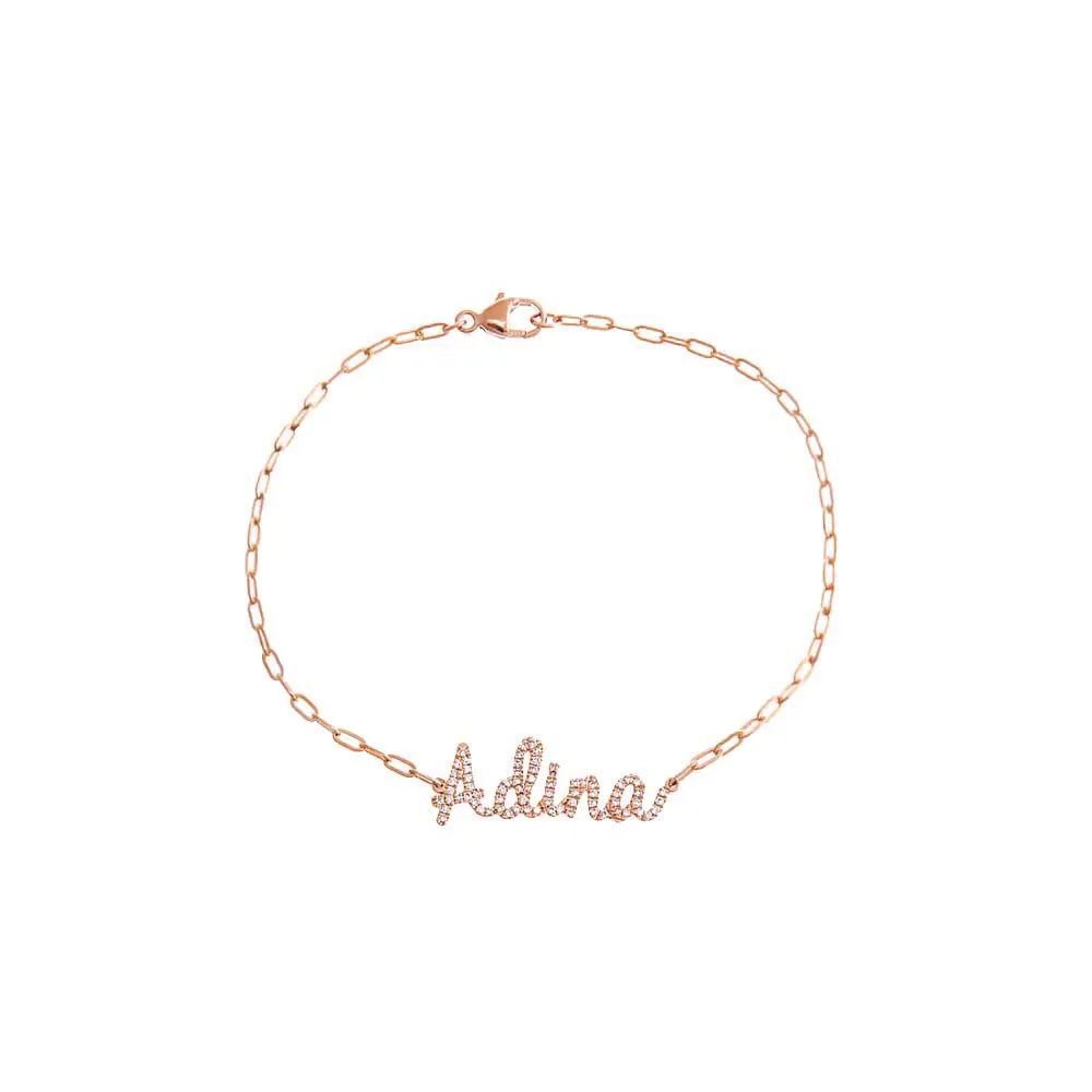 Diamond Script Name Paperclip Bracelet 14K