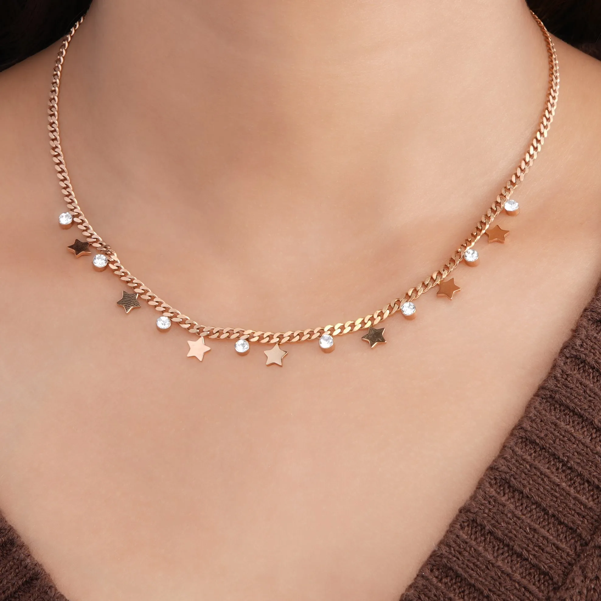 Diamond Star Rosegold Plated Necklace